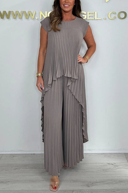 💖LETZTER TAG SALE 50% RABATT💖Laney – Plissiertes, kurzärmliges, unregelmäßiges Midi-Oberteil und Hose mit weitem Bein und elastischer Taille✨