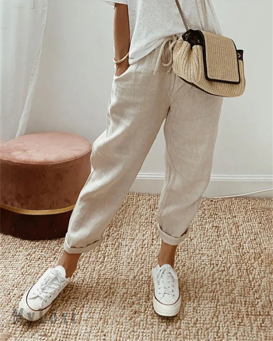 💕Promoción do último día -50% de desconto💕Pantalóns informais de algodón e liño para muller