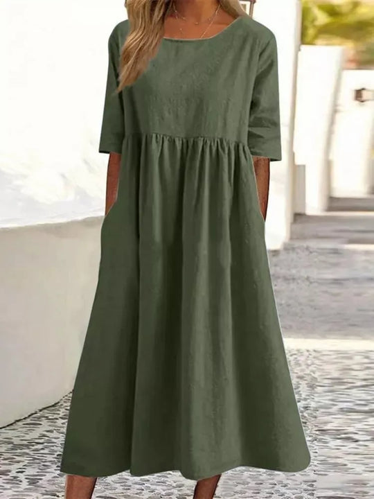 💝Summer Specials 50%OFF💝Women's Casual Basic Outdoor Crew Neck Pocket Smocked Cotton Dress👗