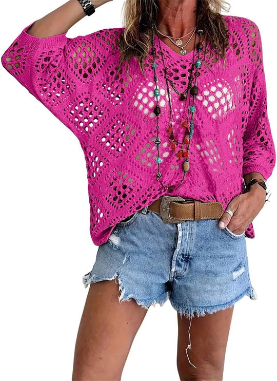 🥰Summer Sale-50% OFF💛Womens Bohemian-Inspired Beige Crochet Top With V-Neck