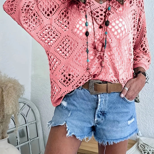 🥰Summer Sale-50% OFF💛Womens Bohemian-Inspired Beige Crochet Top With V-Neck