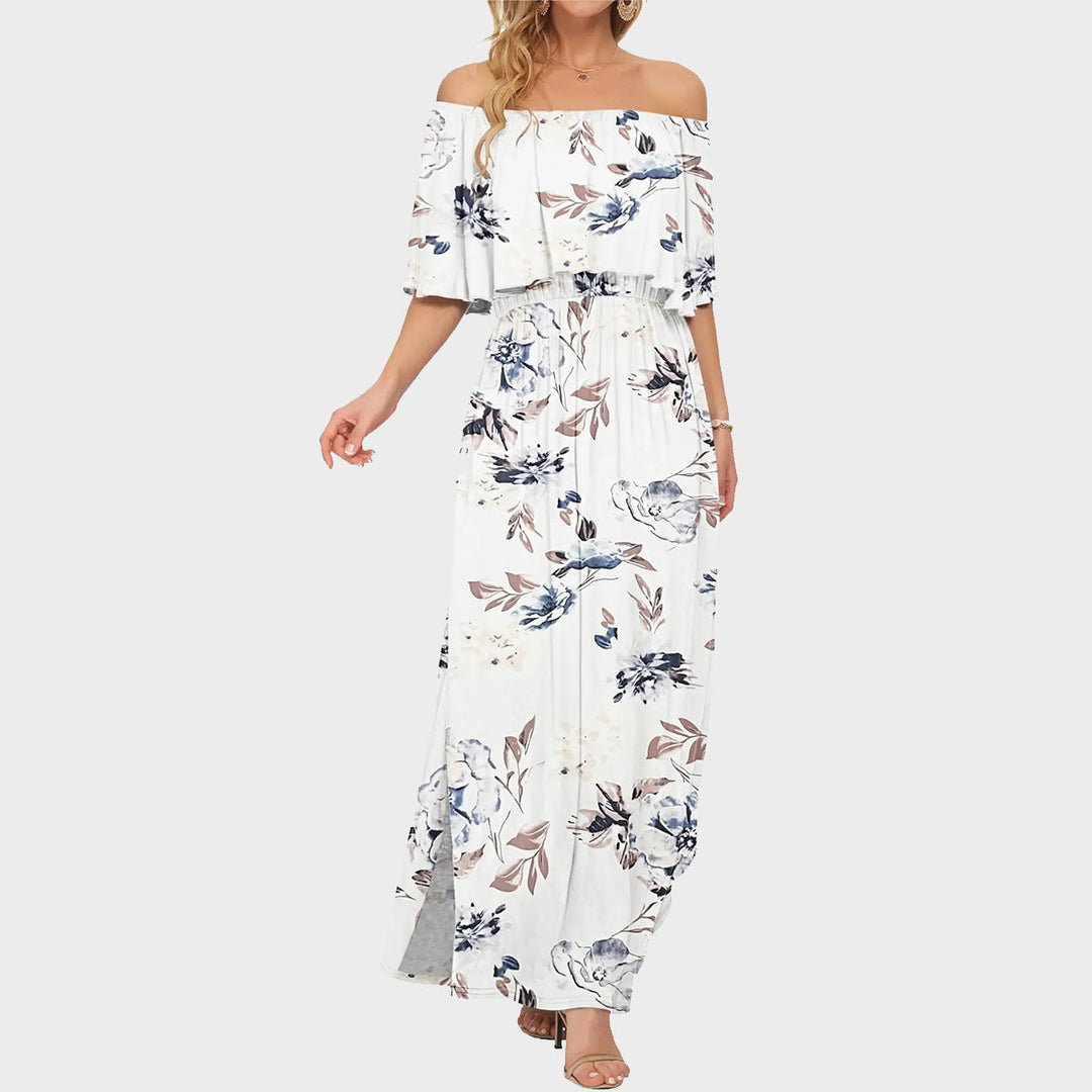Women's Off-Shoulder Ruffled Side-Slit Maxi Dress with Pockets