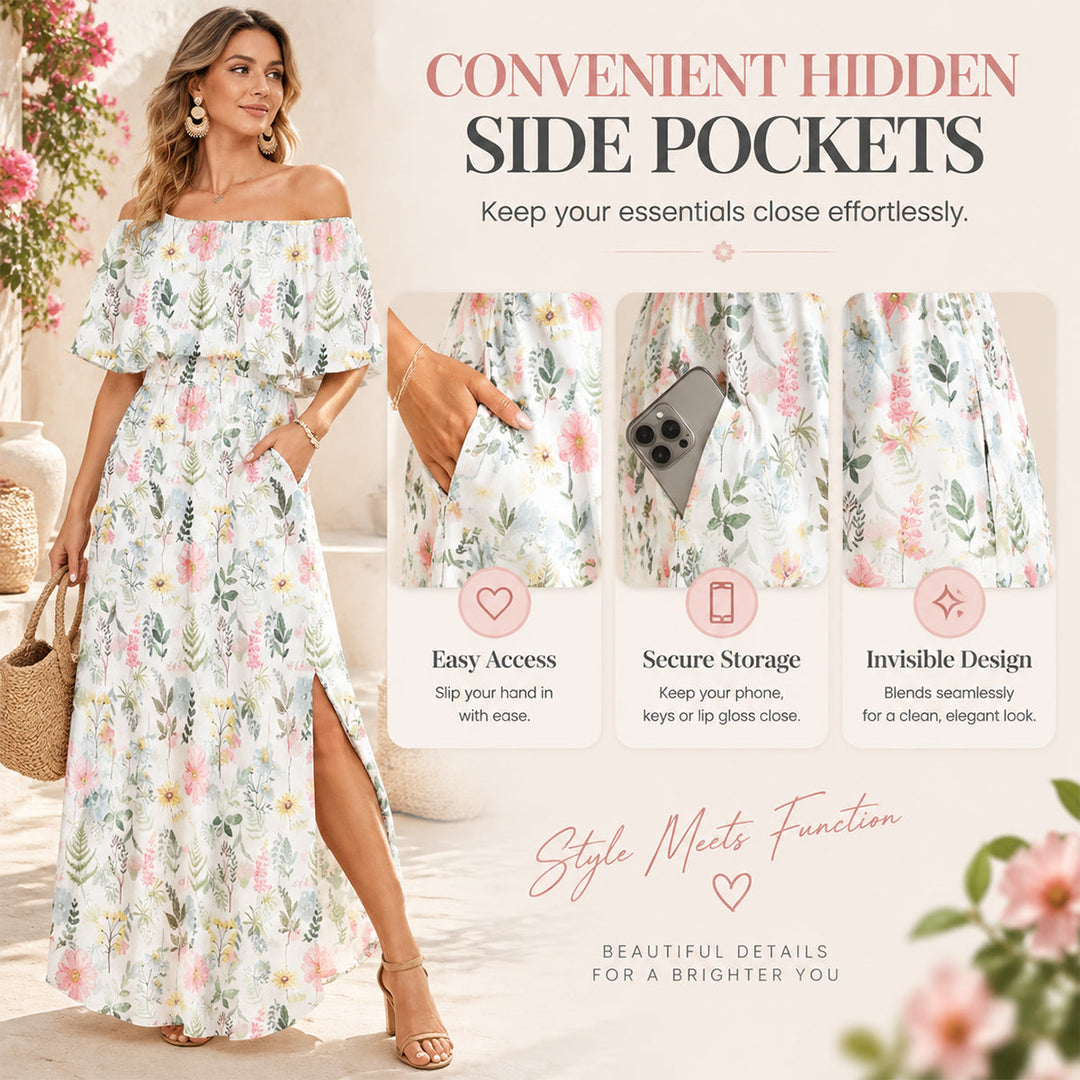 Women's Off-Shoulder Ruffled Side-Slit Maxi Dress with Pockets