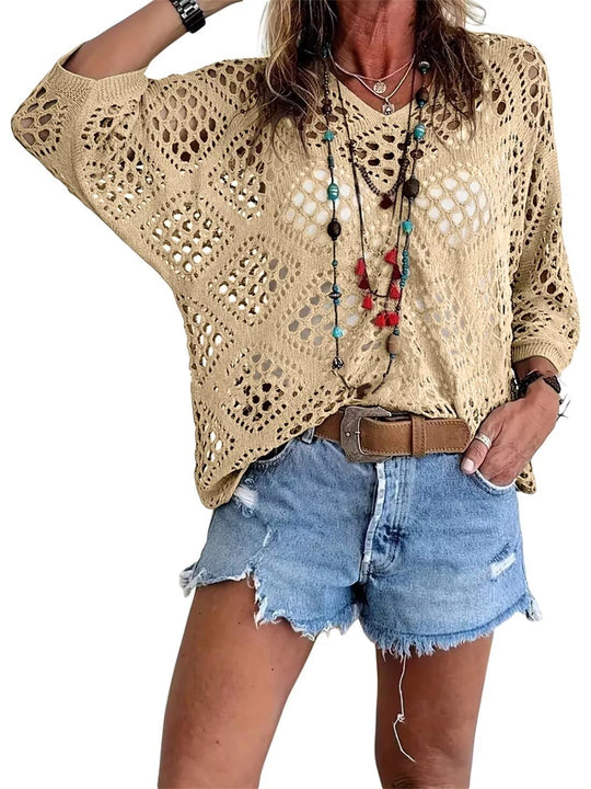 🥰Summer Sale-50% OFF💛Womens Bohemian-Inspired Beige Crochet Top With V-Neck