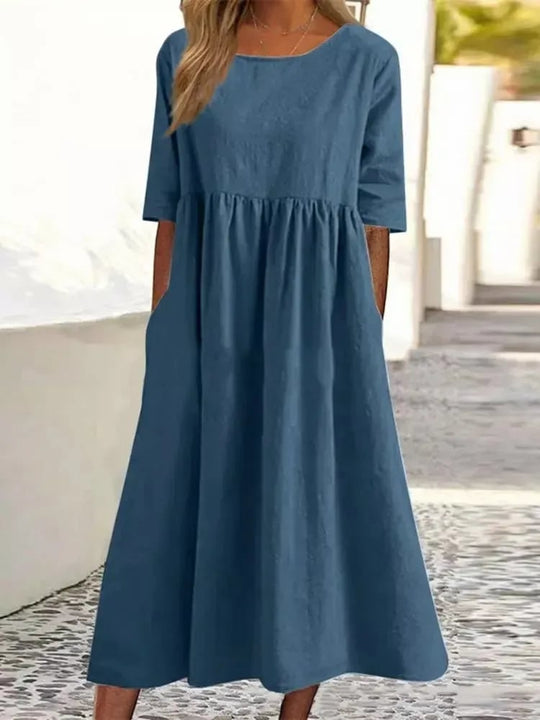 💝Summer Specials 50%OFF💝Women's Casual Basic Outdoor Crew Neck Pocket Smocked Cotton Dress👗