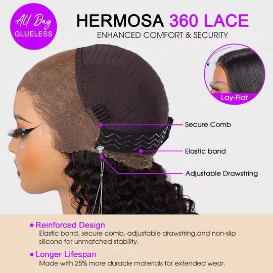 360 Full Lace Glueless Deep Wave Wigs with Invisi-String Snug Fit Pre-cut & Pre-bleached Human Hair Wig For Women