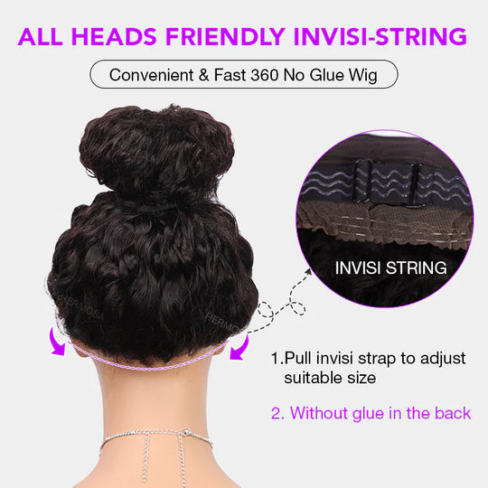 360 Full Lace Glueless Deep Wave Wigs with Invisi-String Snug Fit Pre-cut & Pre-bleached Human Hair Wig For Women