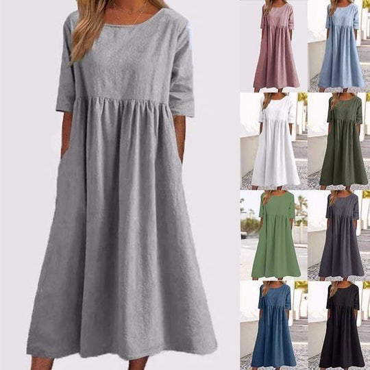 💝Summer Specials 50%OFF💝Women's Casual Basic Outdoor Crew Neck Pocket Smocked Cotton Dress👗