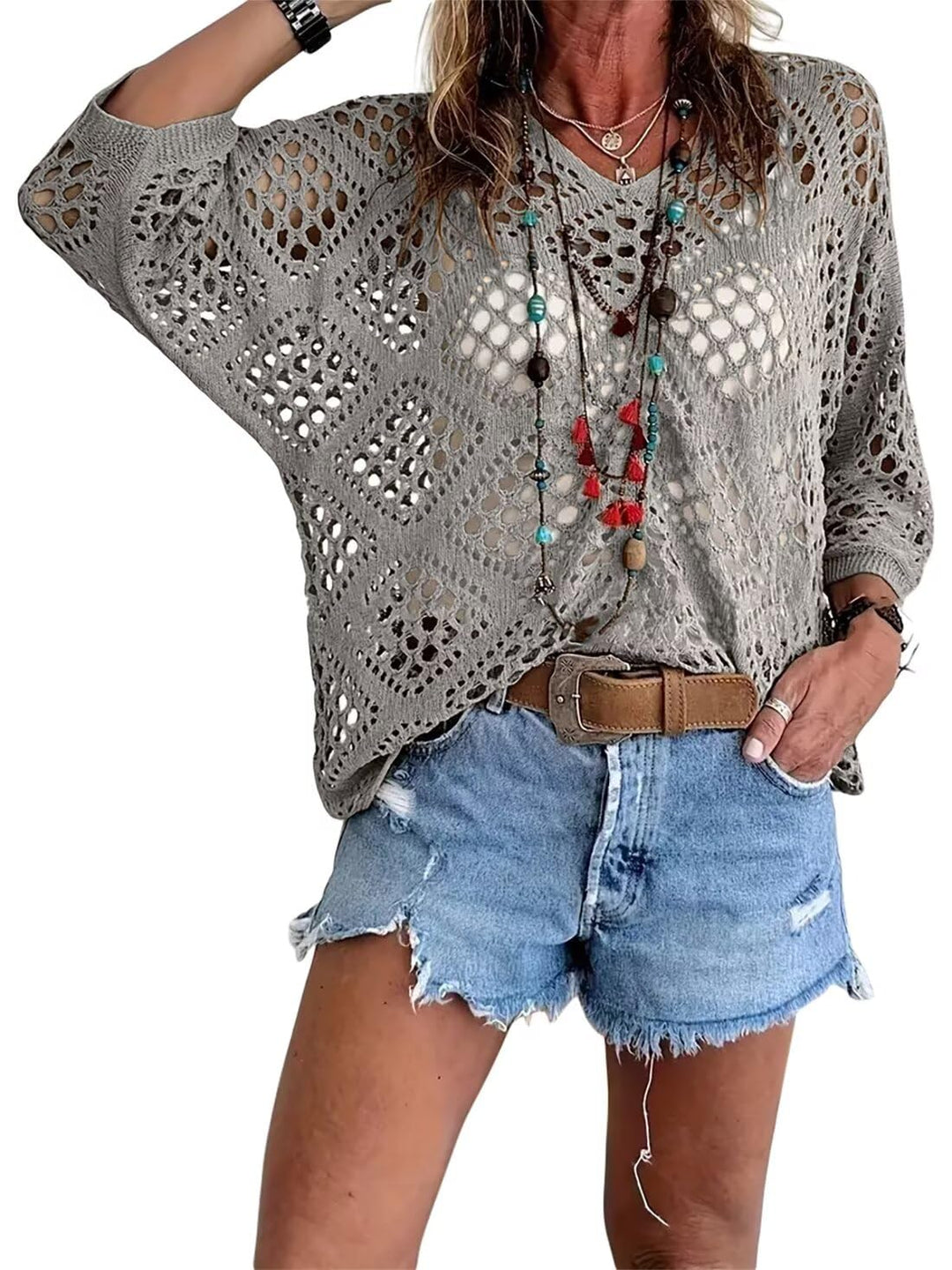🥰Summer Sale-50% OFF💛Womens Bohemian-Inspired Beige Crochet Top With V-Neck