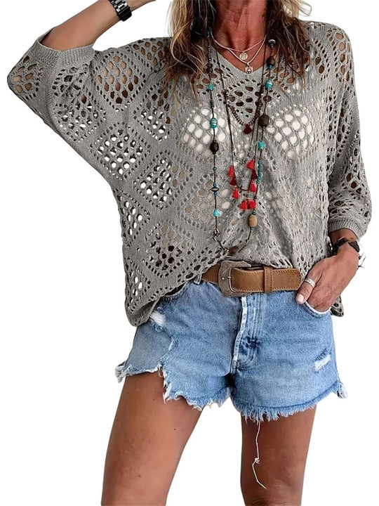🥰Summer Sale-50% OFF💛Womens Bohemian-Inspired Beige Crochet Top With V-Neck