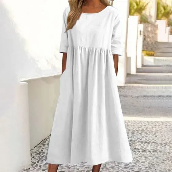💝Oferte speciale de vară 50% reducere💝Rochie de damă din bumbac cu guler rotund și buzunare, casual, simplă, pentru exterior👗