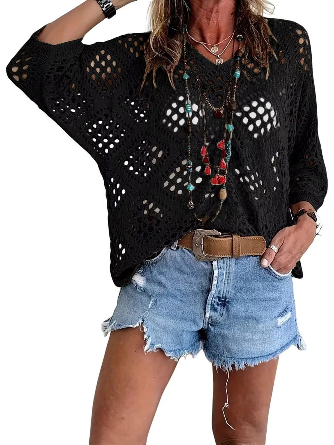 🥰Summer Sale-50% OFF💛Womens Bohemian-Inspired Beige Crochet Top With V-Neck