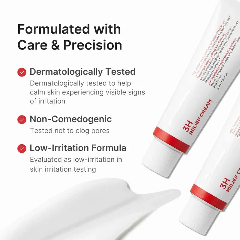 [NEW]  3H Relief Cream | Daily Soothing Moisturizer for Troubled & Delicate Skin, Hydrating, Cooling, Barrier Support Care | Centella Asiatica, Tea Tree Extract, Aloe, Hyaluronic acid | Korean Skincare, K-Beauty