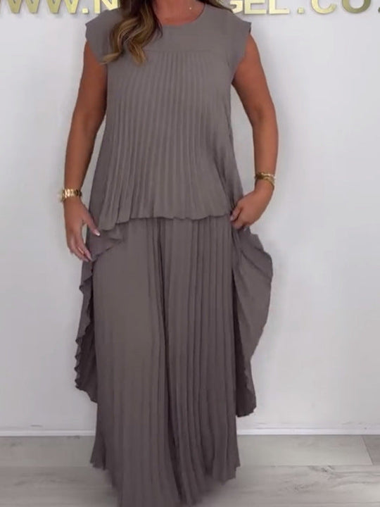 💖LAST DAY SALE 50% OFF💖Laney Pleated Short Sleeve Irregular Midi Top and Elastic Waist Wide Leg Pants Set✨