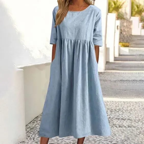 💝Summer Specials 50%OFF💝Women's Casual Basic Outdoor Crew Neck Pocket Smocked Cotton Dress👗