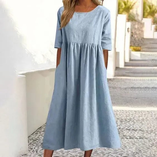 💝Summer Specials 50%OFF💝Women's Casual Basic Outdoor Crew Neck Pocket Smocked Cotton Dress👗