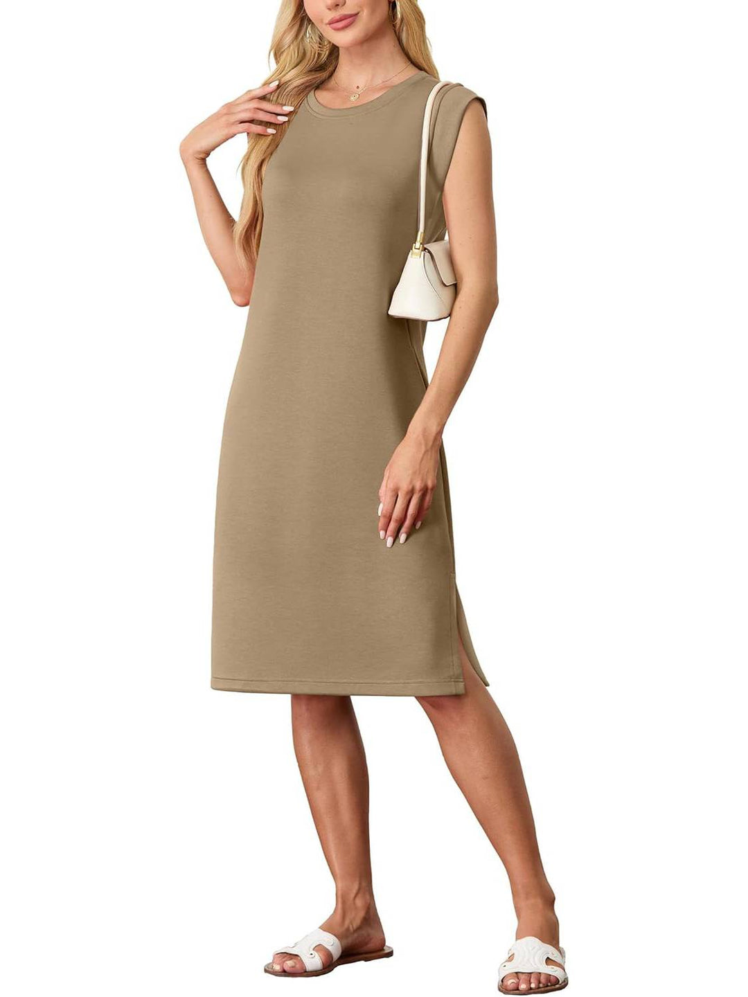 🔥Summer Sale 49% OFF💥Women Round Neck Loose Split Wrinkle-Free Midi Dress with Pockets