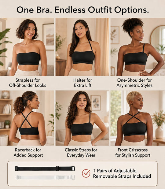 🔥Anti-Slip Grip & Removable Straps✨Convertible Strapless Bandeau Bra with Wireless Comfort👍Suitable for All Body Types