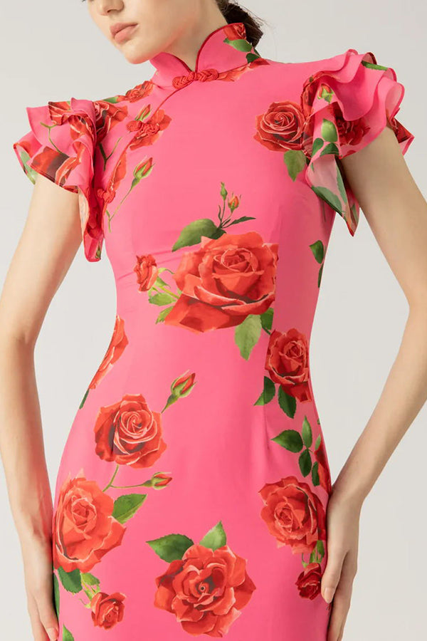 🎉Saldi eccezionali 49% di sconto🥳Abito lungo elasticizzato con maniche a svasatura a strati e stampa floreale a rose in stile cheongsam