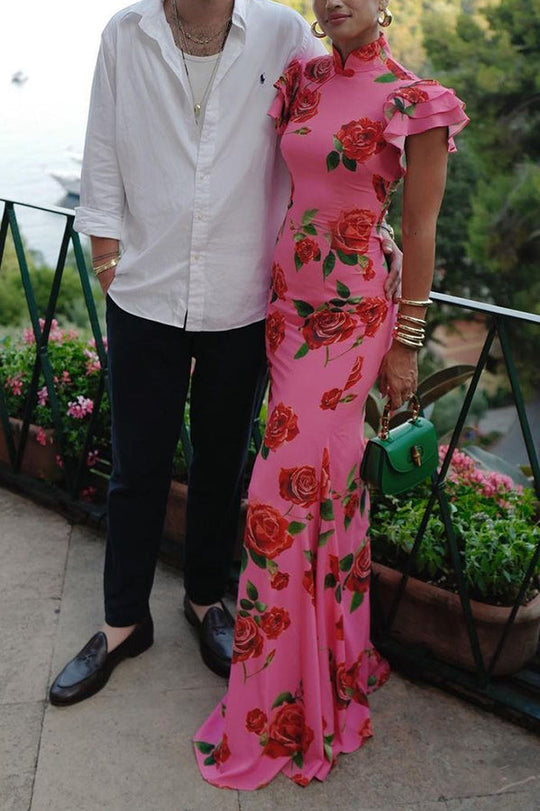 🎉Saldi eccezionali 49% di sconto🥳Abito lungo elasticizzato con maniche a svasatura a strati e stampa floreale a rose in stile cheongsam