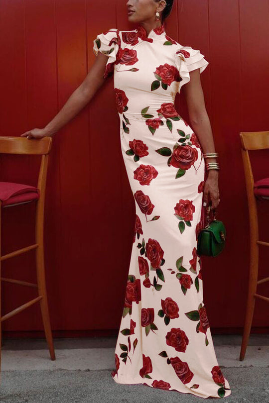 🎉Saldi eccezionali 49% di sconto🥳Abito lungo elasticizzato con maniche a svasatura a strati e stampa floreale a rose in stile cheongsam