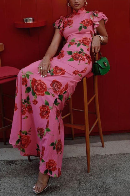 🎉Hot Sale 49% KORTING🥳Cheongsam-stijl maxi-jurk met rozenprint, gelaagde uitlopende mouwen en stretch