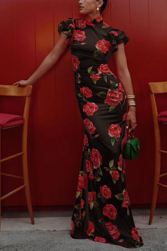 🖤 Black Friday Early Access: 50% OFF 🖤Cheongsam Style Rose Floral Print Tiered Flare Sleeve Stretch Maxi Dress