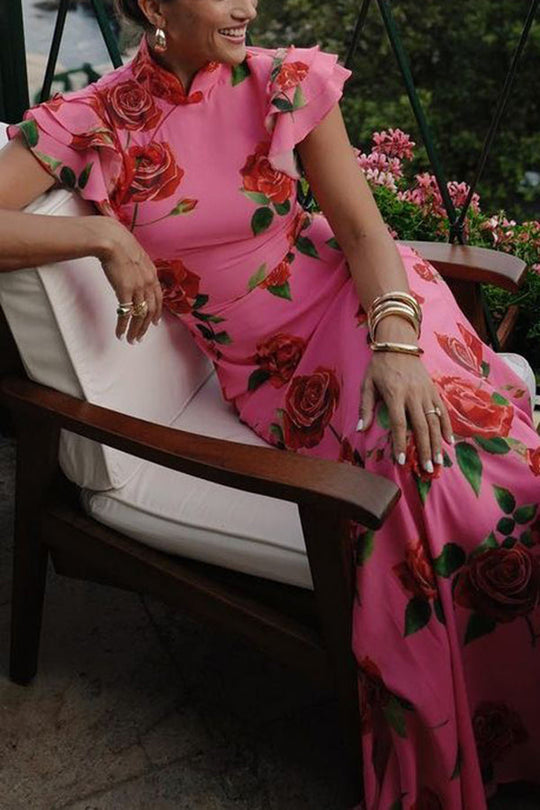 🎉Saldi eccezionali 49% di sconto🥳Abito lungo elasticizzato con maniche a svasatura a strati e stampa floreale a rose in stile cheongsam