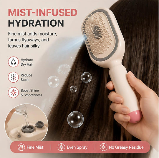Electric Spray Air Cushion Massage Comb – Self-Cleaning Anti-Tangle Anti-Static Hair Brush | Scalp Massage & Volumizing Brush for Frizzy, Dry Hair Care (No Oil Included)