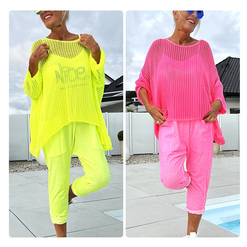 💜 DERNIER JOUR DE PROMOTION - 50 % DE RÉDUCTION💜Combinaison imprimée à lettres pour femme + blouse ajourée