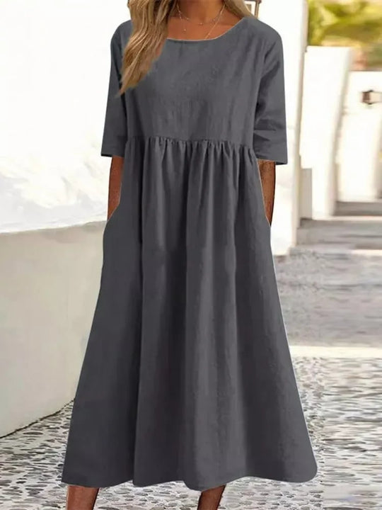 💝Summer Specials 50%OFF💝Women's Casual Basic Outdoor Crew Neck Pocket Smocked Cotton Dress👗