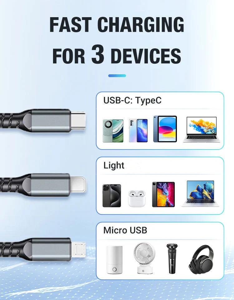 💥Ограничено време 50% попуста🔥⚡Провидни светлећи 3-у-1 кабл за супер брзо пуњење