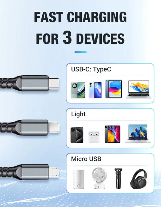 💥Ограничено време 50% попуста🔥⚡Провидни светлећи 3-у-1 кабл за супер брзо пуњење