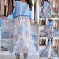 🌷🩵Rebaixas limitadas de primavera 50 % de desconto🩵🌷Conxunto azul de top con lazo na parte traseira e saia de tul