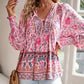🌸Ofertas de primavera con 50 % de desconto💐 Camisa de manga longa con escote en V estampada para muller