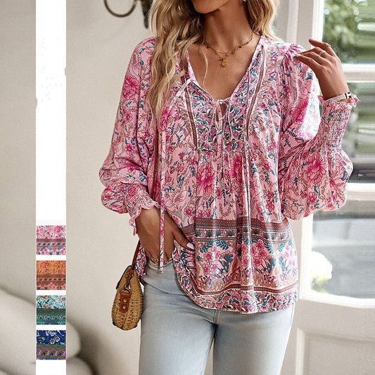 🌸Ofertas de primavera con 50 % de desconto💐 Camisa de manga longa con escote en V estampada para muller