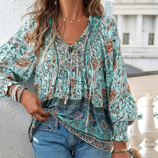 🌸Spring Specials 50% OFF💐 Women's Fashion Printed v-Neck Long Sleeve Shirt