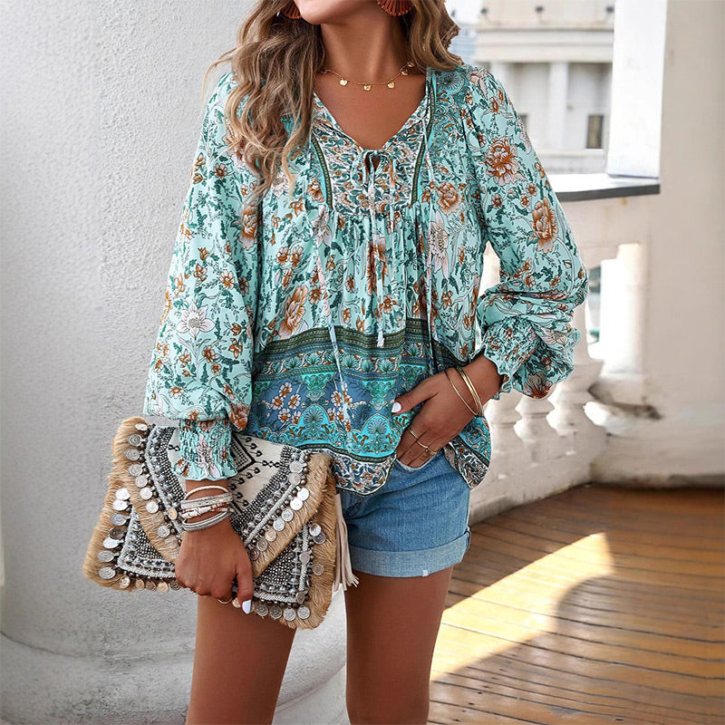 🌸Spring Specials 50% OFF💐 Women's Fashion Printed v-Neck Long Sleeve Shirt
