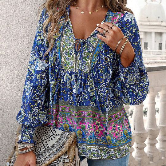 🌸Spring Specials 50% OFF💐 Women's Fashion Printed v-Neck Long Sleeve Shirt