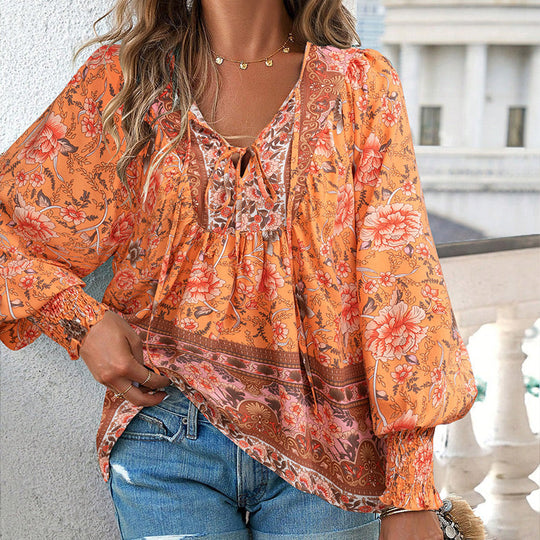 🌸Spring Specials 50% OFF💐 Women's Fashion Printed v-Neck Long Sleeve Shirt