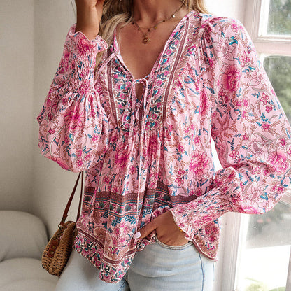 🌸Ofertas de primavera con 50 % de desconto💐 Camisa de manga longa con escote en V estampada para muller