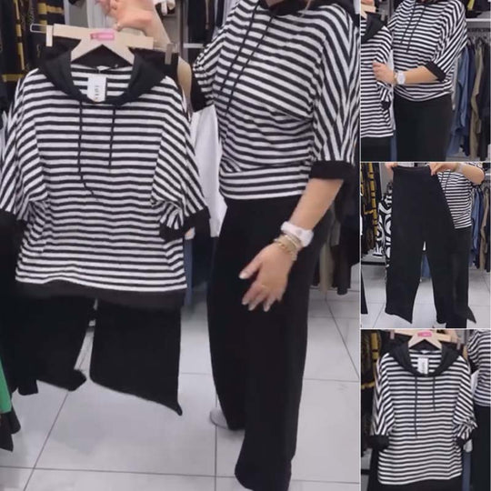 💕Limitovaný výprodej 50% sleva 💕Dámský pruhovaný top & Sada jednobarevných kalhot