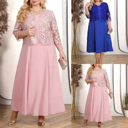 👑OFERTA 2025 50% DE DESCONTO🎉Luxo de alta costura | Conxunto de chaqueta con bordados de encaixe × vestido de noite de satén liso