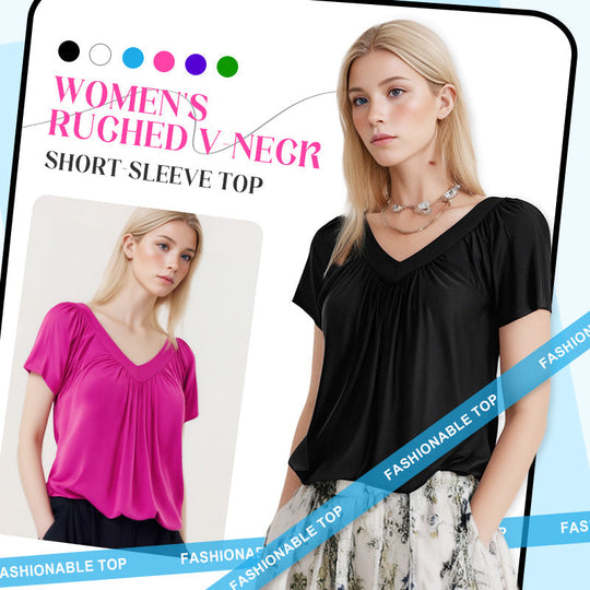 ✨Women's Ruched V-Neck Short-Sleeve Top