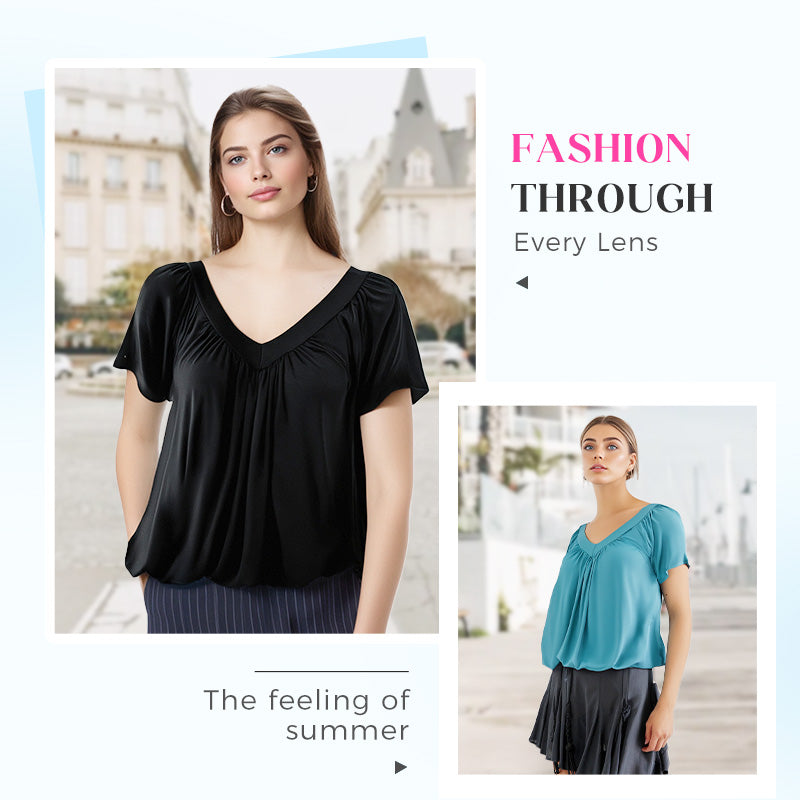 ✨Women's Ruched V-Neck Short-Sleeve Top