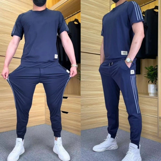 🎉🛍️Sconto del 50% - Completo da uomo composto da maglia a maniche corte elasticizzata e pantaloni da jogging, 2 pezzi