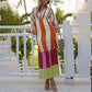 Kaya Linen Blend Color Block Print Front Cutout Knot Puff Sleeve Maxi Dress