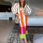 Kaya Linen Blend Color Block Print Front Cutout Knot Puff Sleeve Maxi Dress