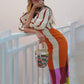 Kaya Linen Blend Color Block Print Front Cutout Knot Puff Sleeve Maxi Dress