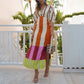Kaya Linen Blend Color Block Print Front Cutout Knot Puff Sleeve Maxi Dress